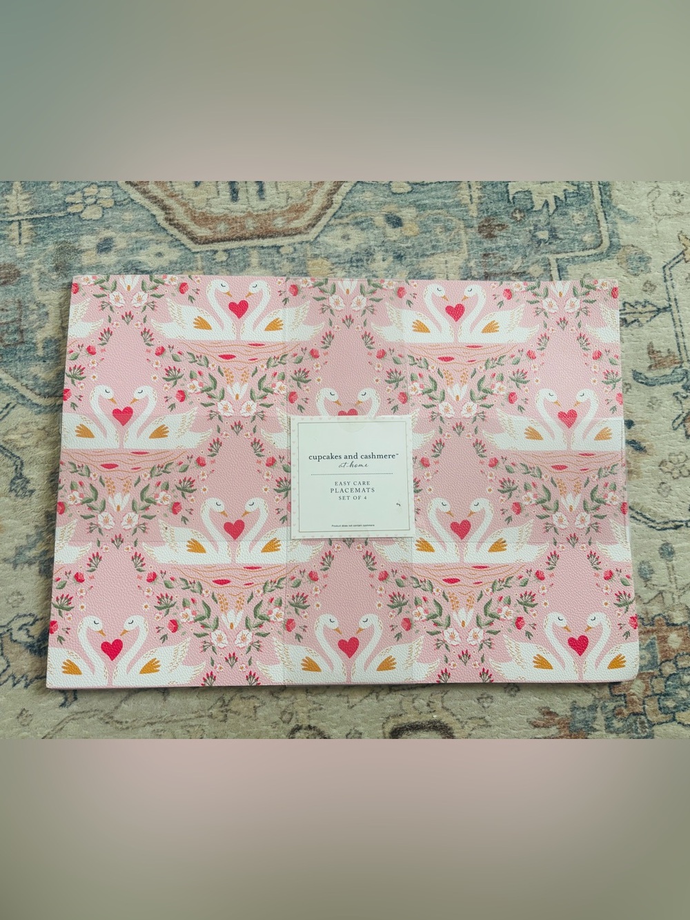 cupcakes & cashmere Pink Swan Placemat Set - Floral Heart Motif